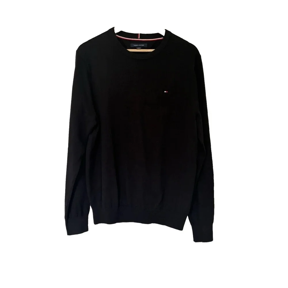 Tommy Hilfiger Black Knit Cotton Pullover Sweater Crew Neck Logo Men's Size L